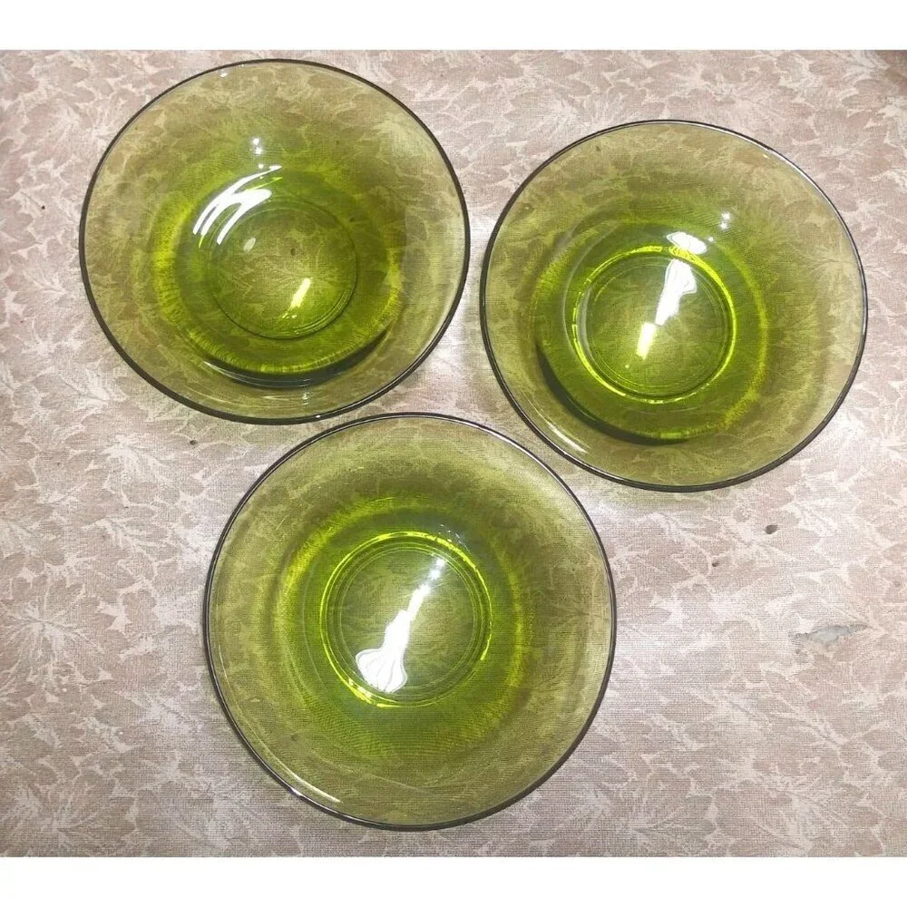 3 Anchor Hocking salad Bowls Avocado Green Glass Vintage 70s shallow wide mouth